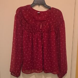 Rich Red Smocked Long Sleeve Blouse with Bib Collar.